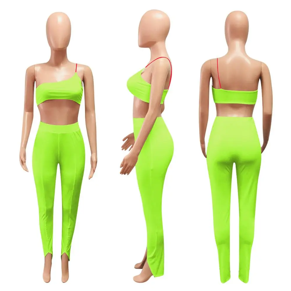 

European new sexy solid slim fit sports suit fashion casual one shoulder sleeveless bra and pants women's two-piece set