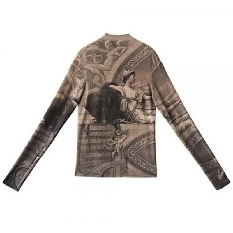 

Yedinas Vintage Print Slim T Shirt Women Aesthetics Pattren Mesh T-shirts 90s Long Sleeve T Shirts Y2k Tops E-girl Streetwear