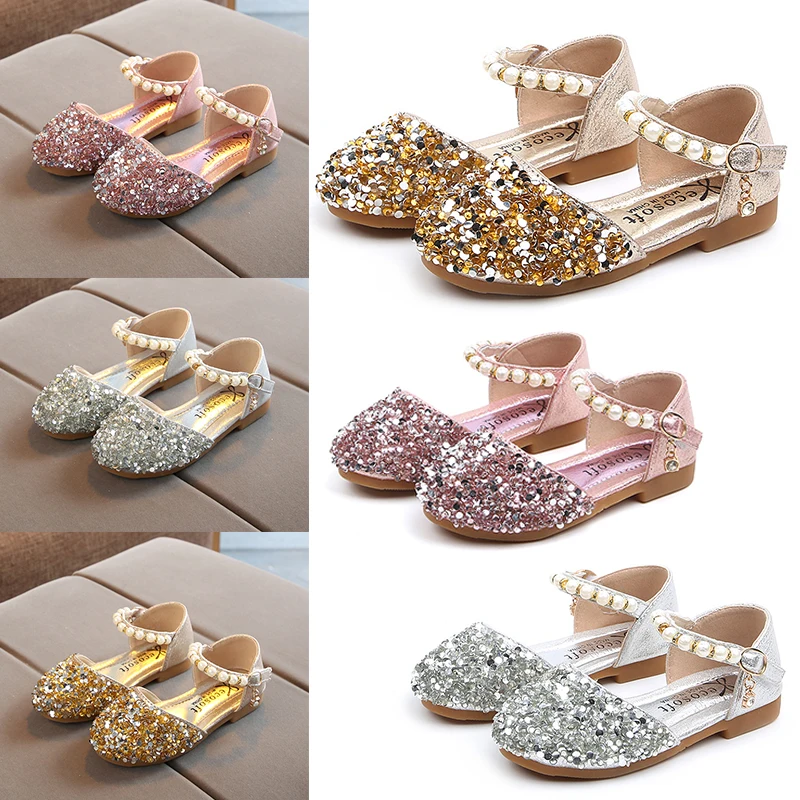Kids Flat Shoes PU Leather Bling Sequin Mary Jane Pearl Metal Decor for Wedding Party Pink Princess D35 |