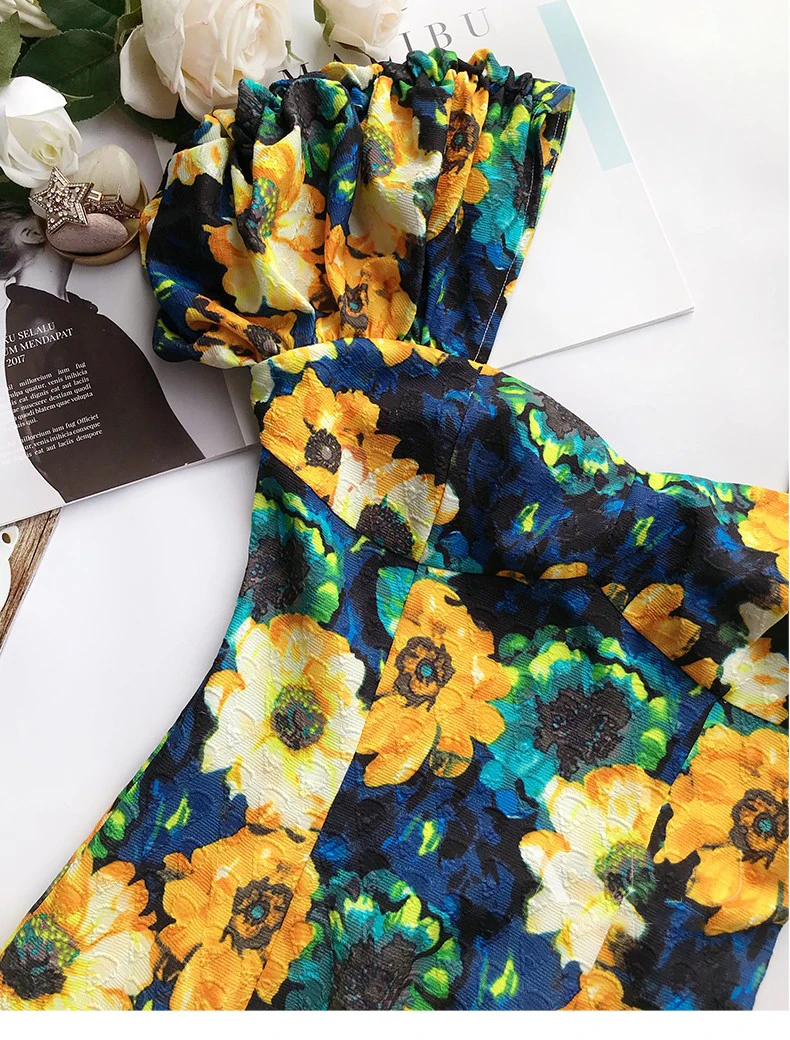 

High Fashion Summer Dress Women Square Collar Puff Sleeve Floral Print Slim Vintage Dress Court Style Party Dress Clothes SL069