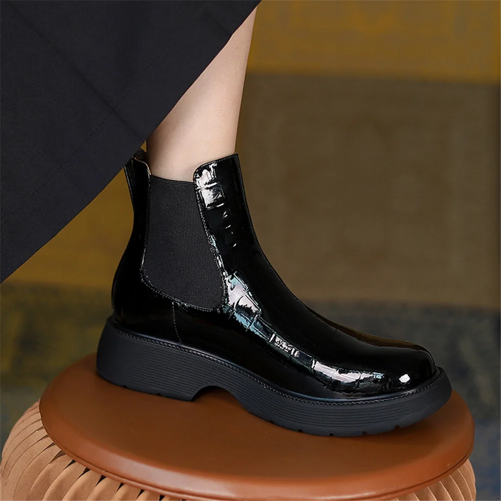 

Fashion Female Boots Cow Comfy Leather Lining Square Heel Slip-On Med Heel Ankle Boots Platform Winter Casual Women Shoes Comfy