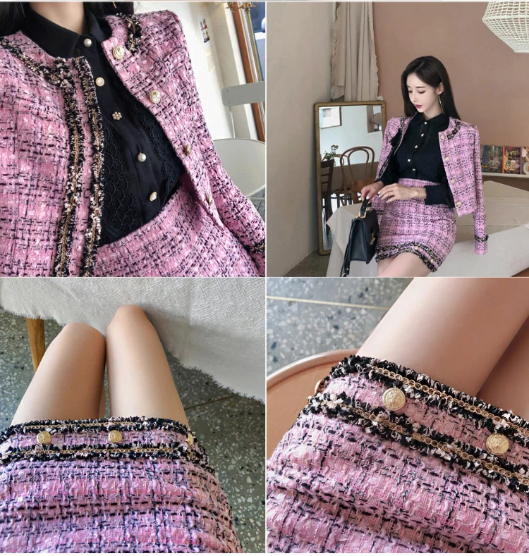 

Korea Elegance Ladies Autumn Winter Vintage Clothes Two Piece Set Women Bow Tweed Short Coat Women And High Waist Skirt SL268