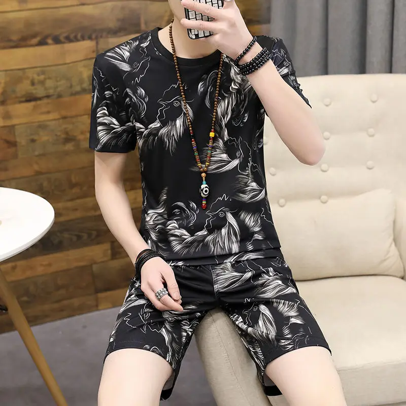 

[Luxury Fashion] Summer Men Leisure Set Korean Style Ice Silk Slim Fit Student Short Sleeve Handsome Trendy Sports Suit
