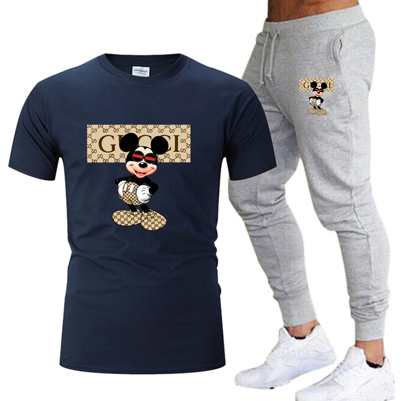 

2021 Men's Brand Sportswear Suit Pure Cotton T-shirt Gym Fitness Running Wear Fashion Short Sleeve T-shirt + Jogging Pants 2-pie
