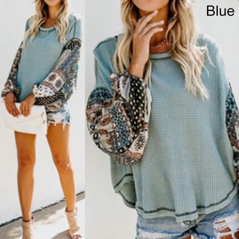 

2020 Lantern Sleeves Women Tshirt Casual Patchwork Female Tops Tees Popular Woolen Women's tshirt Clothes O- Neck Hoting Sales