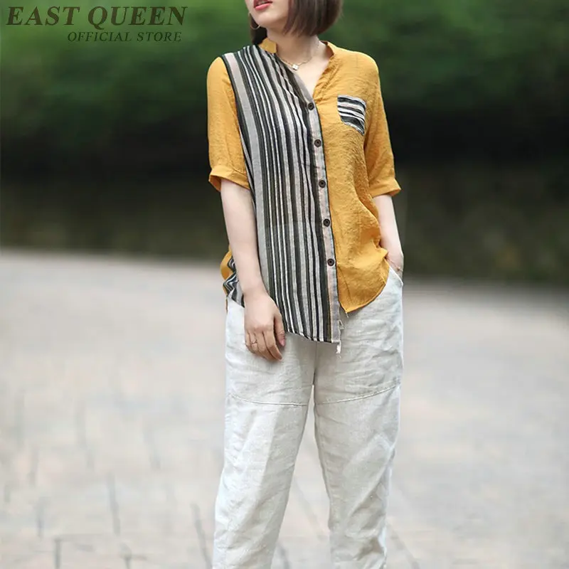 Винтажные рубашки для женщин 2019 Летняя лоскутная полосатая длинная рубашка