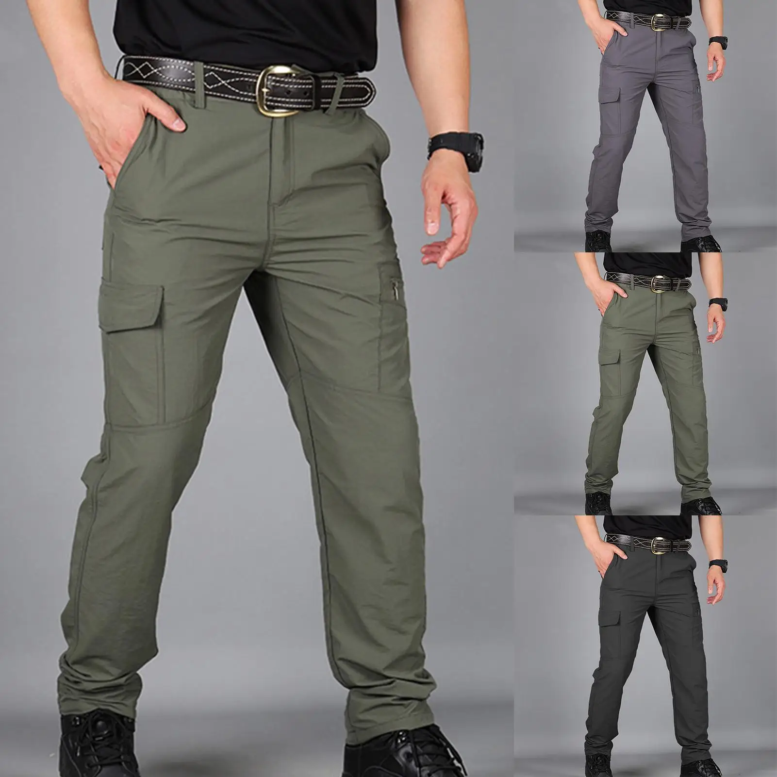 

Men Solid Color Pockets Quick Drying Breathable Joggers Cargo Pants Trousers