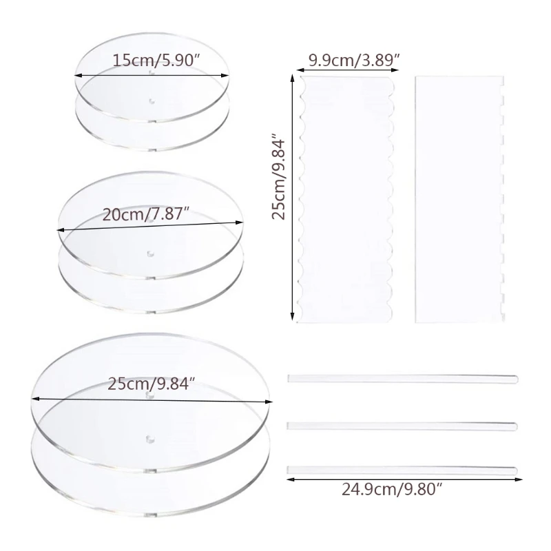 

53CA 11pcs Acrylic Round/Square Cake Disk Set Circle Base Boards with Center Hole Pillar Comb Scrapers Dowel Rod Kitchen Tool