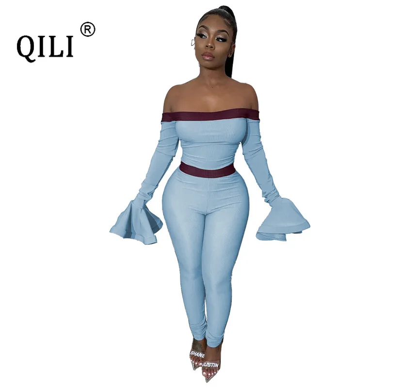 

QILI Women Sexy Off Shoulder Jumpsuits Elegant Ruffles Sleeve Skinny Long Pants Jumpsuits