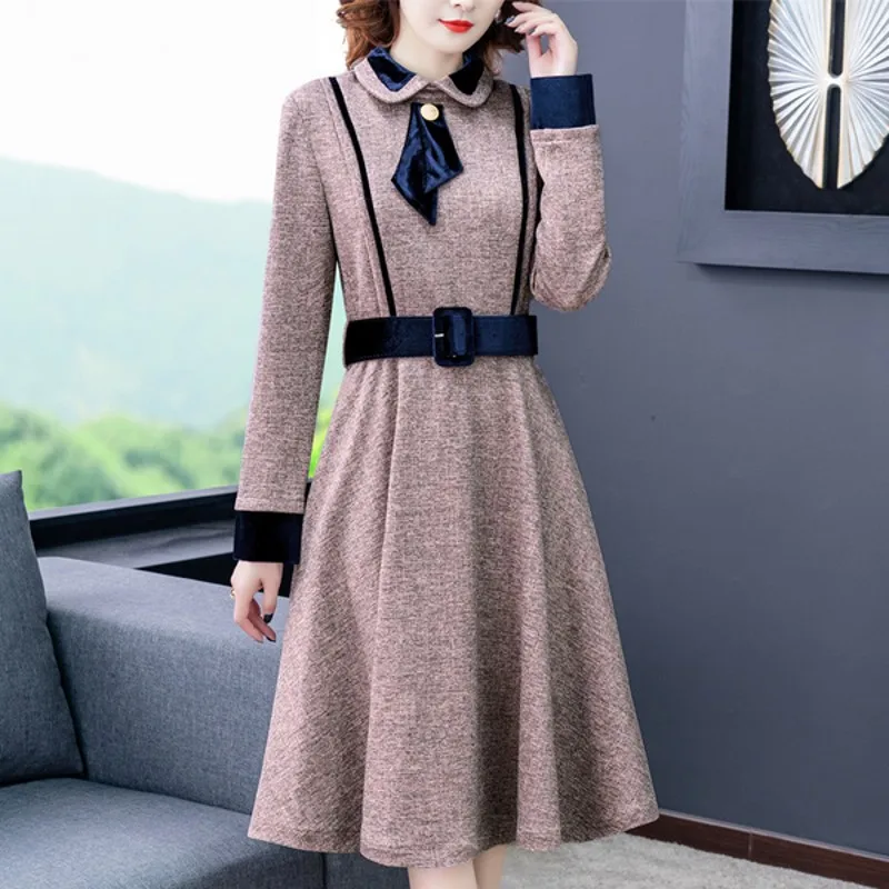 

Autumn Winter Fashion Turn Down Collar Bowknot Tweed Woolen Dress Woman Clothes Casual Vestidos