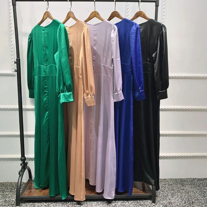

M68C Islamic Long Sleeve Satin Maxi Dress Button Pleated Slim Abaya Dubai Long Robe