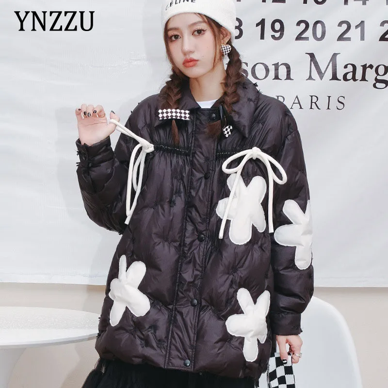 

New design 2021 Winter Floral Appliques Down jacket Warm Fashion Oversized Lace up Embroidery Coat Short High street YNZZU 1O325