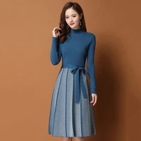 women pleated autumn winter hem striped printed sweater dress elegant female a line dresses soft rib knitted dresses with belt