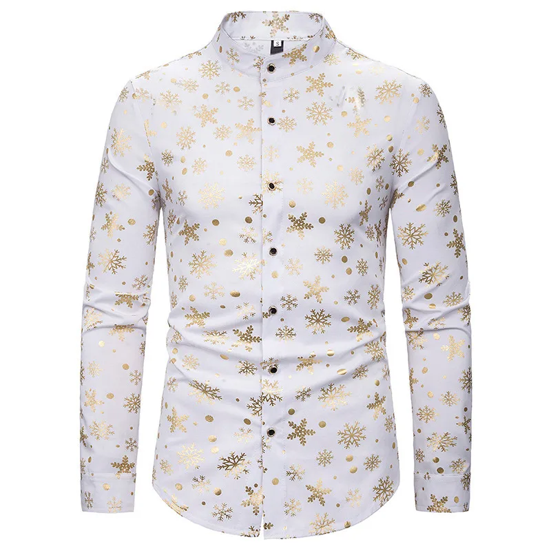Мужская приталенная рубашка с воротником-стойкой принтом снежинок | одежда