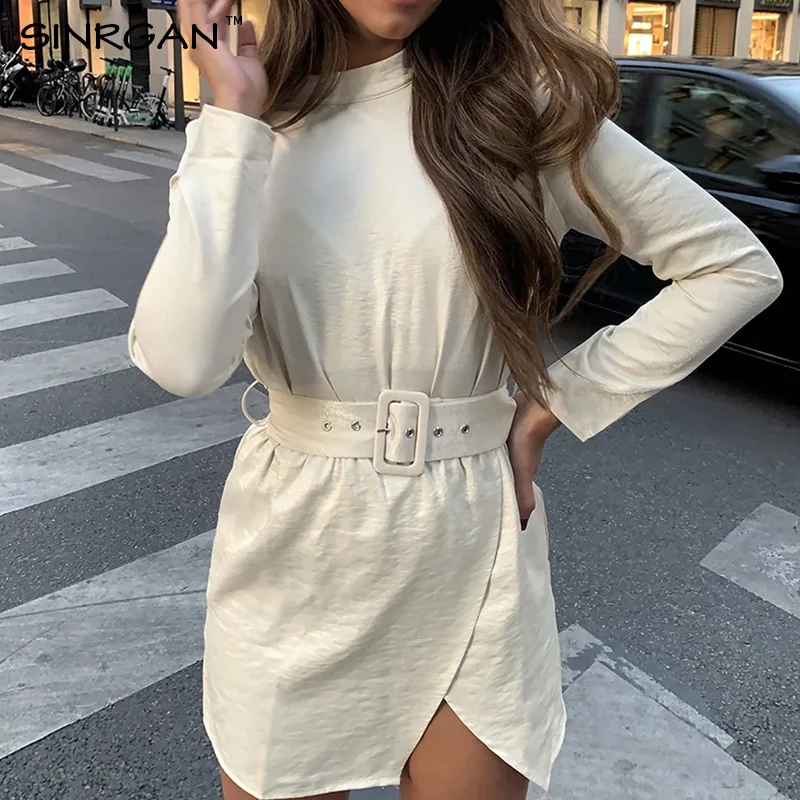 SINRGAN CREAM Shimmer High Neck Thigh Split Mini Dress Women Long Sleeve Beige Color Soft Belt Sexy Female | Женская одежда