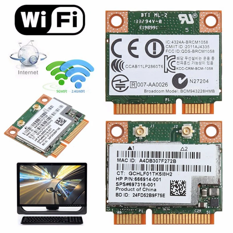 Фото Двухдиапазонная беспроводная карта 2 4 + 5G 300M 802.11A/B/G/N Wifi Bluetooth 4.0 Half Mini Pci-E для Hp Двухдиапазонная беспроводная карта 2 4 + 5G 300M 802.11A/B/G/N Wifi Bluetooth 4.0 Half Mini Pci-E для Hp