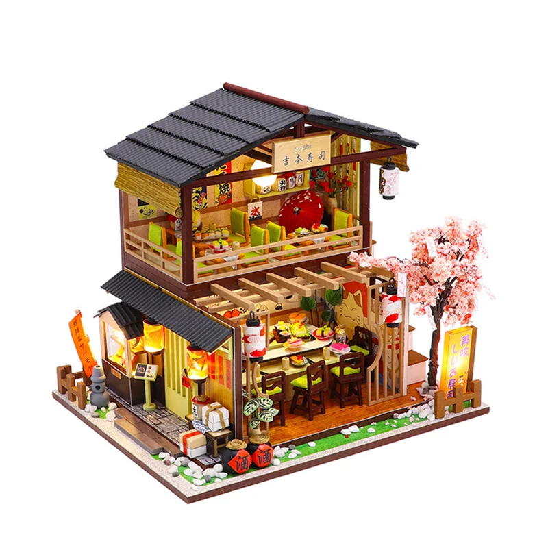 

DIY Wooden Miniature Dollhouse Japanese Sushi Restaurant Shop Sakura Doll House With Furniture Toys For Children Birthday Gift