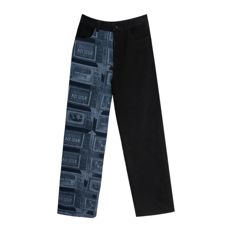 

with pocket fashion 2020 Autumn tide for women black blue print straight loose casual street wear wide leg pants