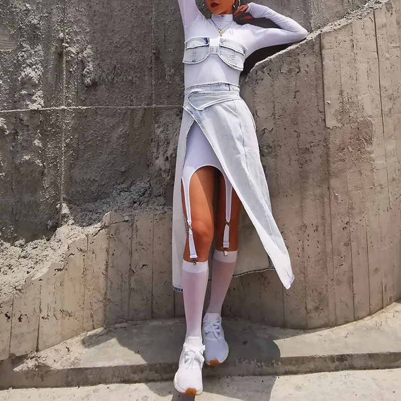 

Women Sets Long Sleeve Bottomed Dress With Denim Bra Split Irregular Jean Skirt 3 Piece Sets Autumn 2020 New Arrival
