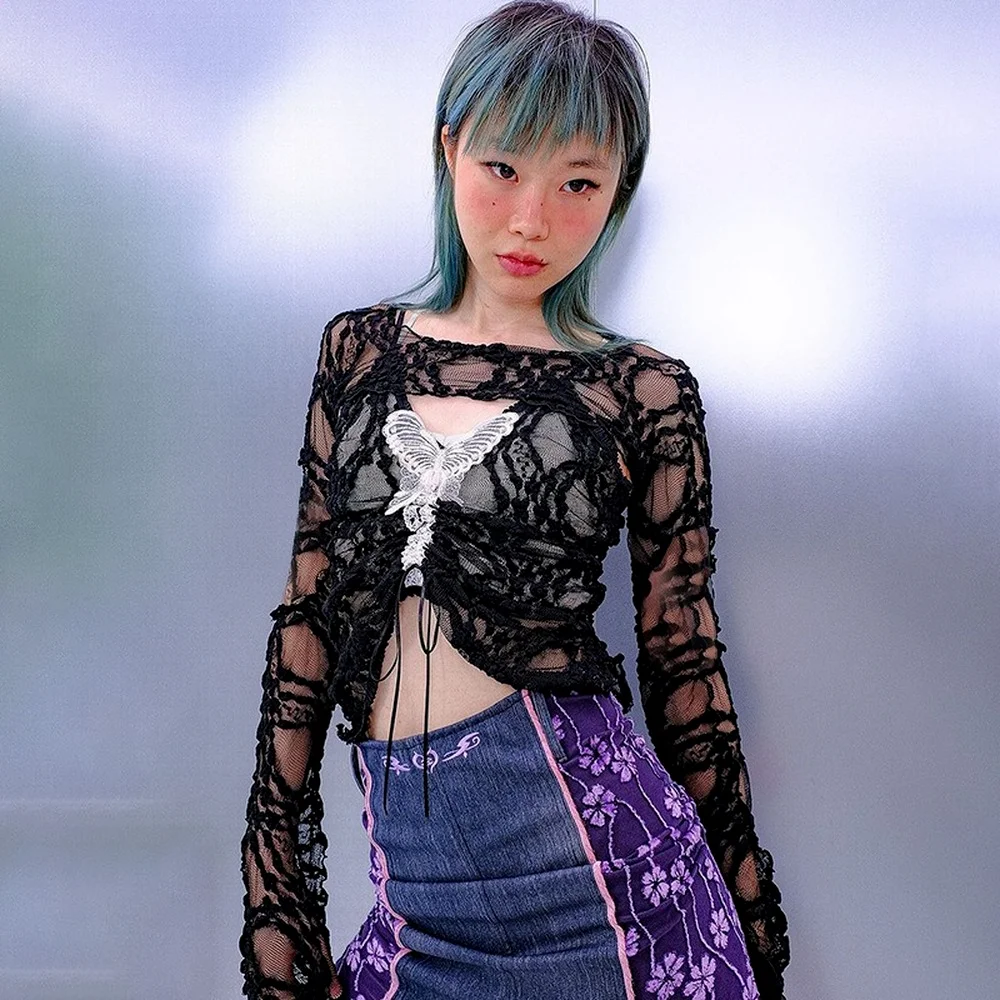 

Fairy Grunge Black Lace Two Piece Tops Y2K Harajuku Punk Long Sleeve Cropped Tops Aesthetic Goth E Girl Butterfly Camis
