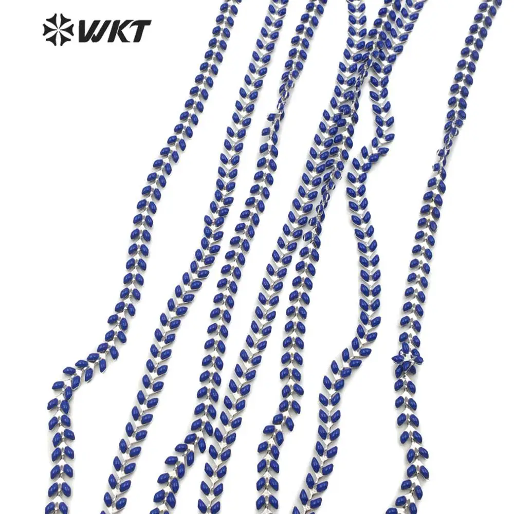

WT-RBC114 Natural Resin Brass "V" Chain Deep Blue Color 6MM Beads Sliver Electroplated Rosary Chain 10 Meters For Jewelry Making