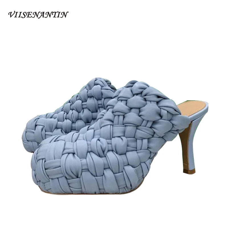 

Cross Woven Strap High Heel Shallow Slippers Bubble Leather Shoes Women Designers Slides Platform Concise Fashion Sexy Sandals