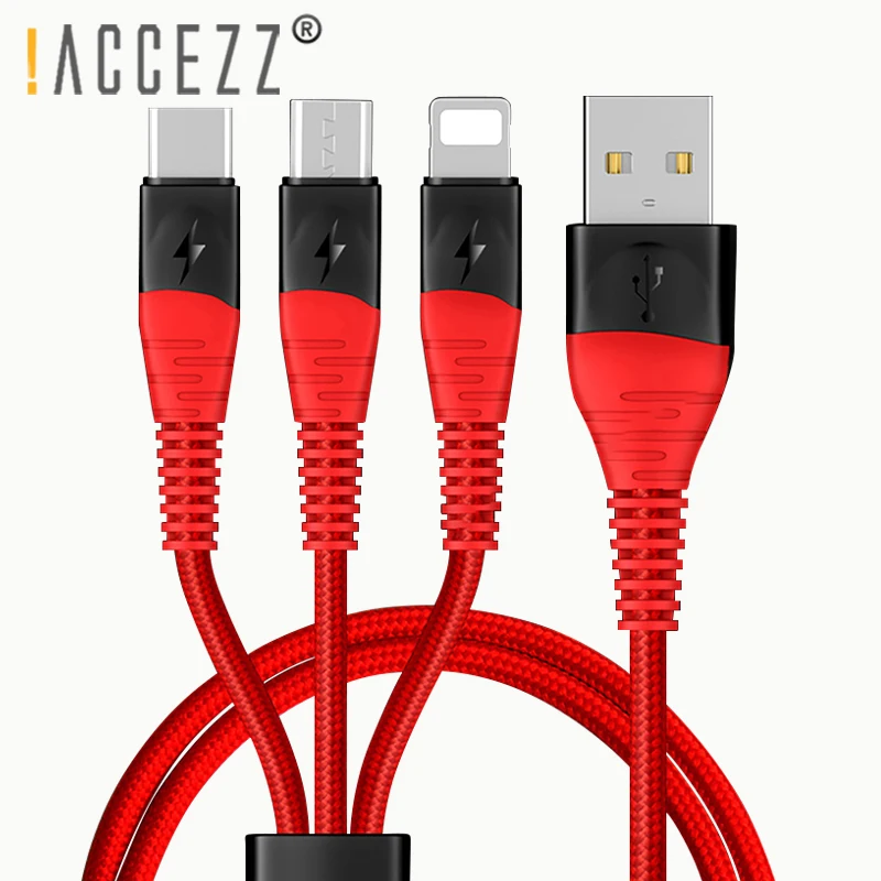 ! Зарядный кабель ACCEZZ 3 в 1 для iPhone X XS MAX XR 8 7 Plus Micro USB Type C|Кабели мобильных телефонов|