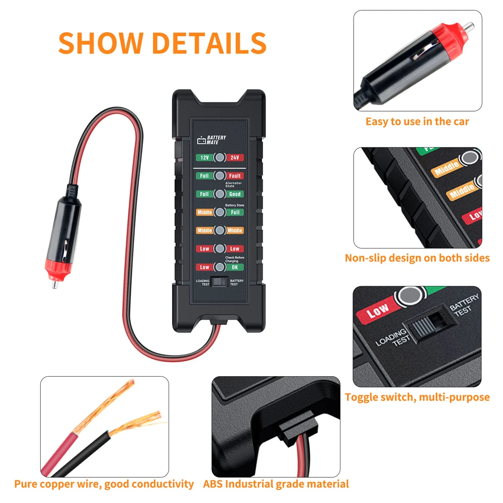 

OBDResource BM420 Car Battery Tester 12V 24V 7 LED Indicator Truck Motorcycle Loading Test Voltage Detector