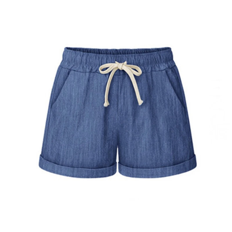 Denim blue Женские льняные широкие шорты, популярные летние повседневные однотонные шорты, пляжные шорты с высокой талией, модные женские шорты размера плюс - Цвет: Denim blue