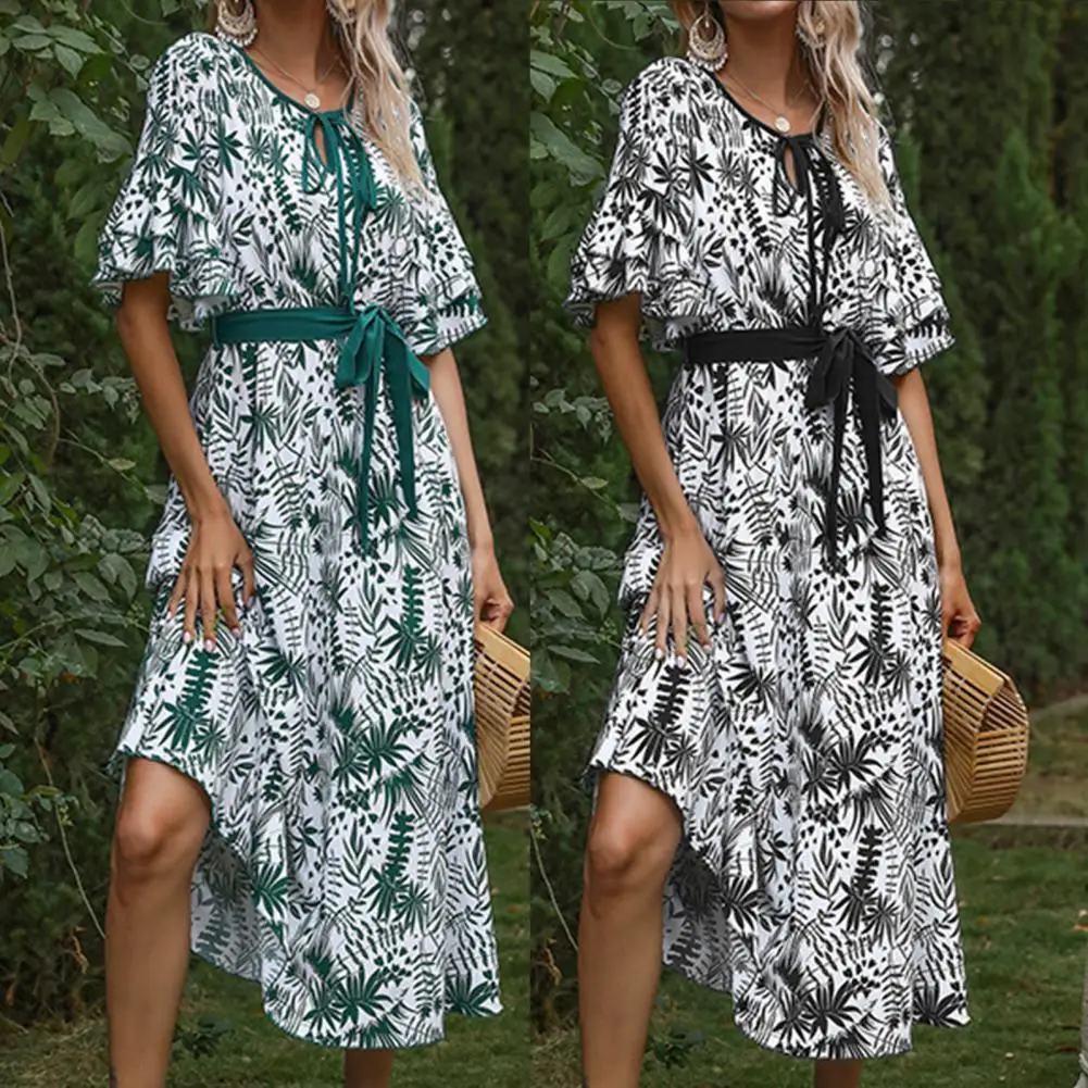 

Fashion Ruffle Half Sleeve Women Dress All Match Plant Leaf Print Thin V Neck Lace-Up Large Hem Midi Dress Streetwear for Summer
