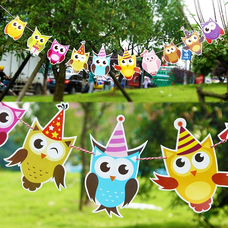 10pcs/Set Owl Pulling Flag Children's Birthday Party Decoration DIY Paper String Banner Cartoon Bunting Room Dress Up Supplies