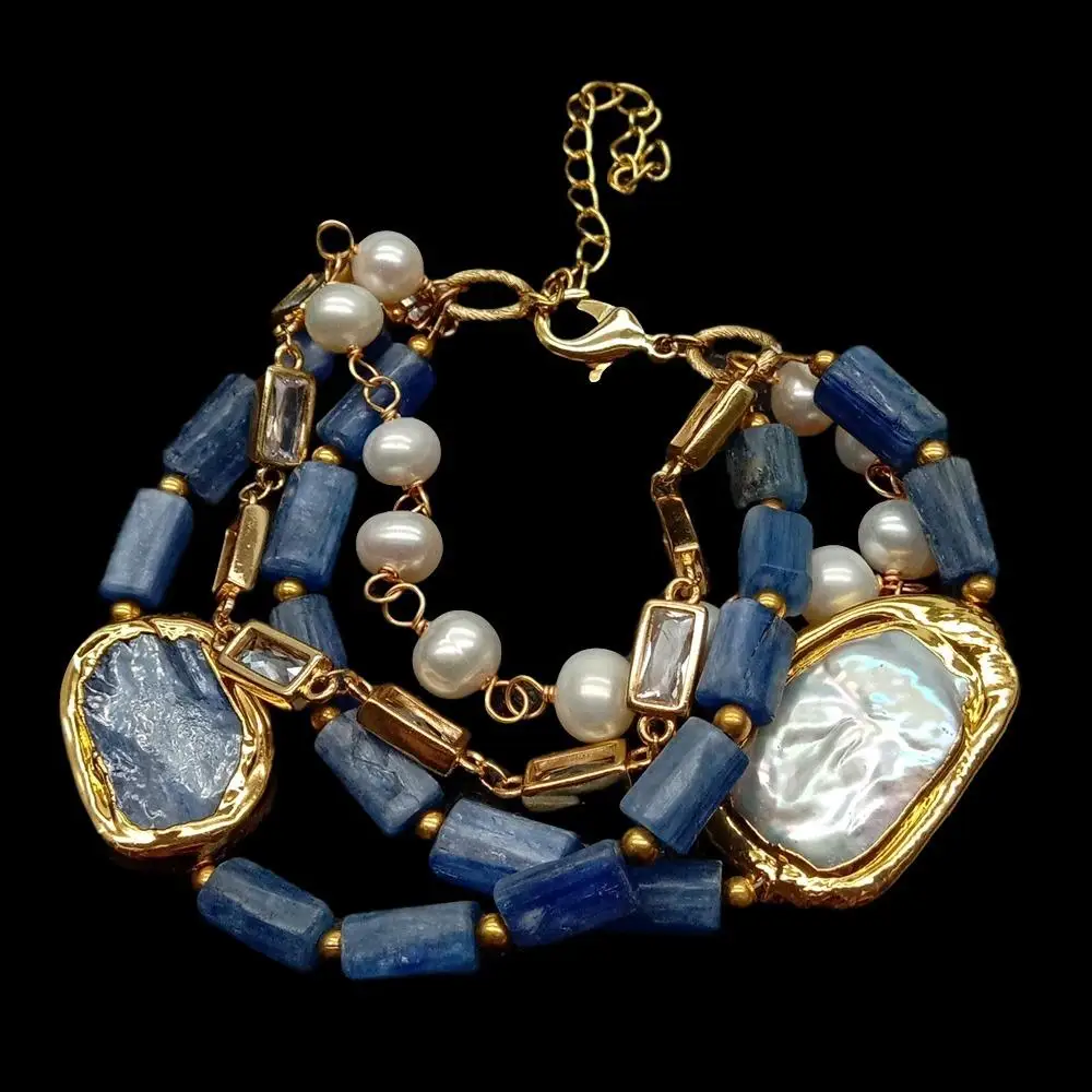 

YYING 4 Strands Cultured White Pearl Blue Kyanite Cz Chain statement Bracelet hiphop for women