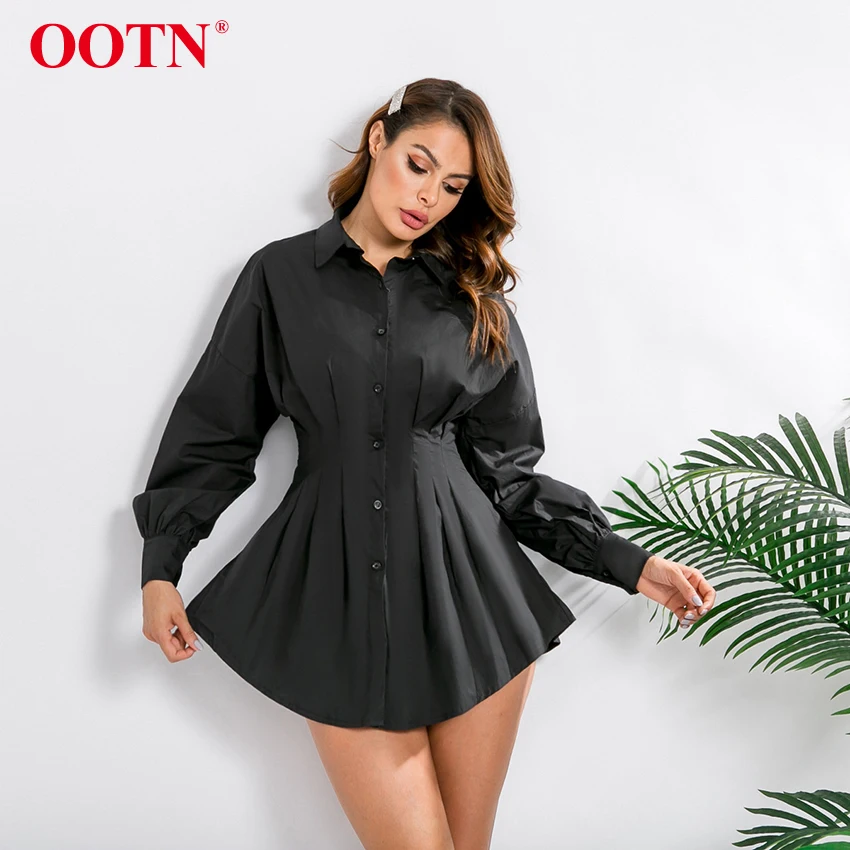 OOTN отложной воротник офисная рубашка платье дамы фонарь с длинным рукавом Элегантная плиссированная Туника белые женские платья осень