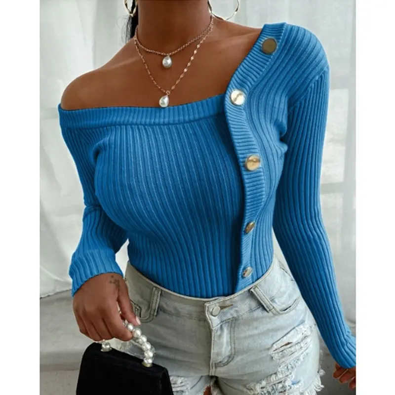 

2020 Sexy Off Shoulder Knitted Sweater Women Button Solid Skinny Slim Fit Pullover And Sweater Autumn Winter Jumpers