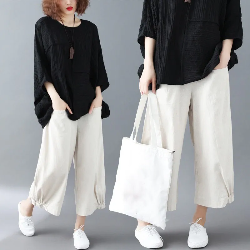 Женские широкие брюки до щиколотки повседневные свободные из хлопка и льна с