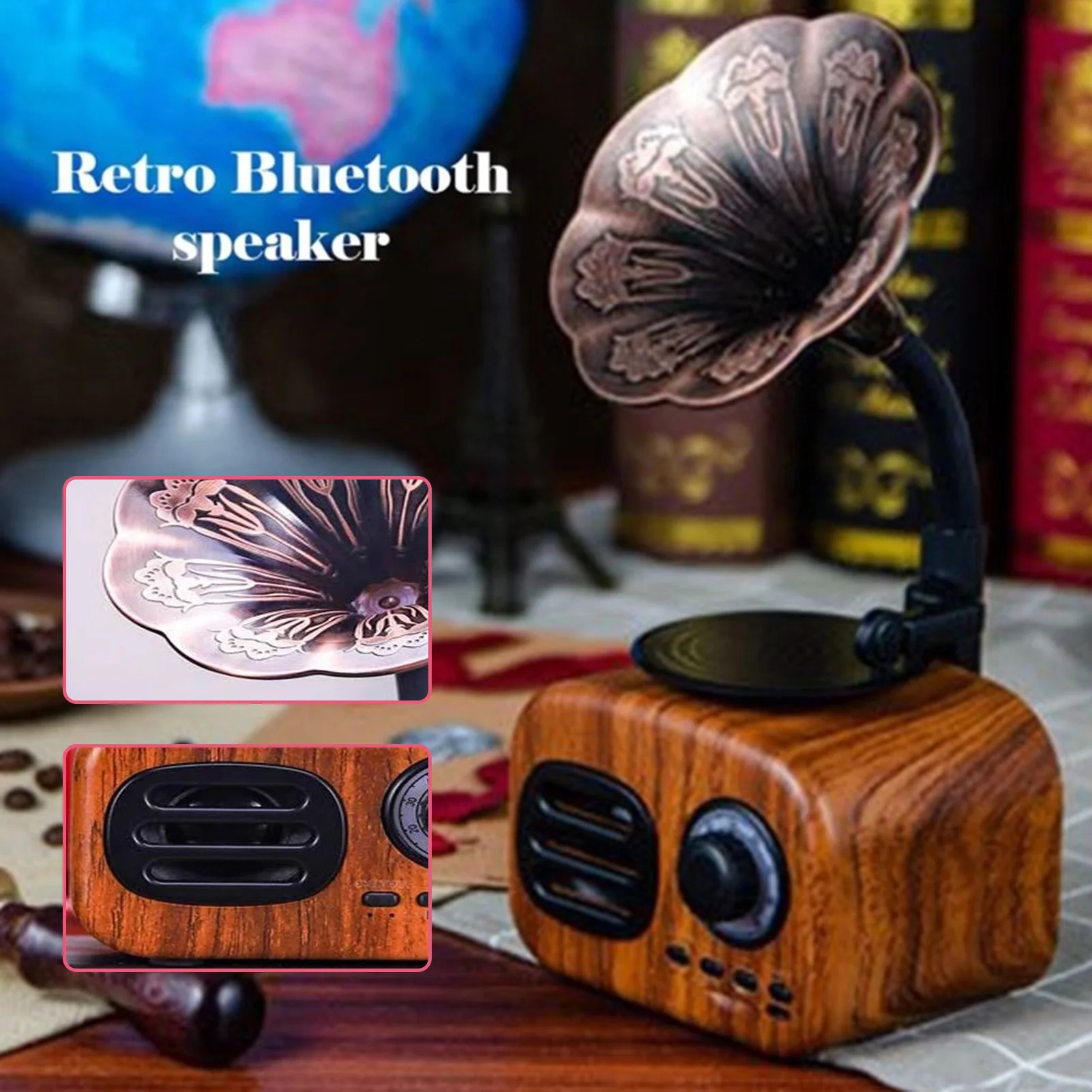 

Retro Classic Style Bluetooth Gramophone Speaker Portable Mini Wireless Sound Speaker For Home Office FKU66