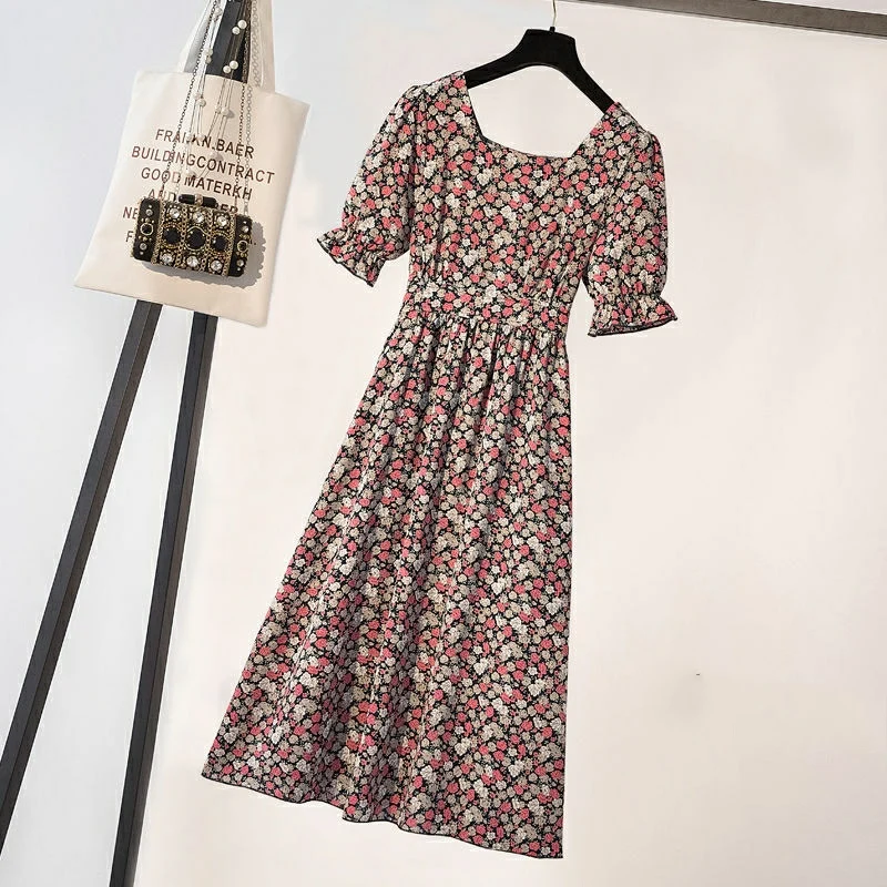 

Women's Spring Summer Chiffon Dress Women's Short Sleeve Printed Square Collar Elegant Sweet Dress SS3627