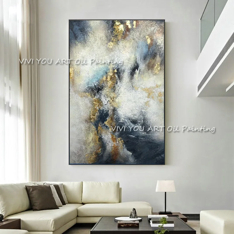 

Hand painted Modern Abstract Canvas Oil Paintings Wall Art Picture For Living Room Paintings Textured Grey Gold Foil Painting