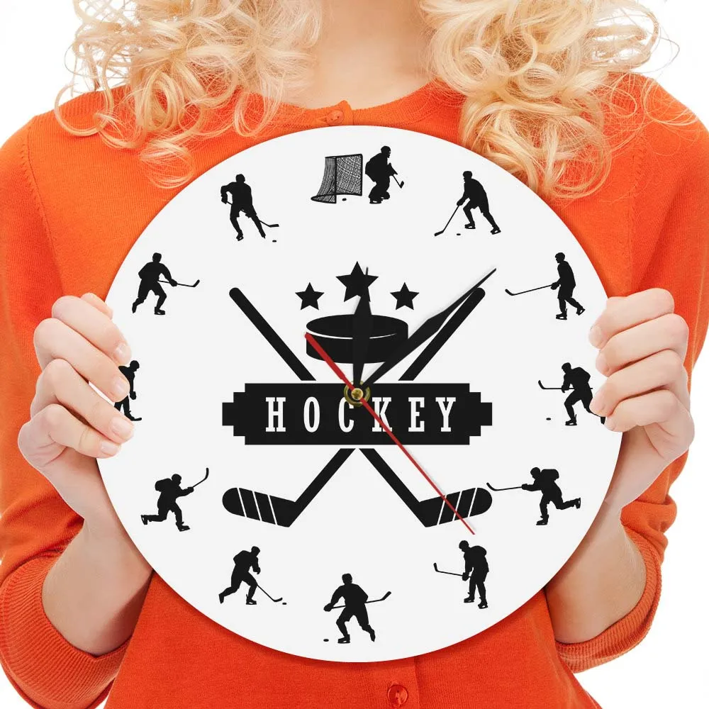 

Hockey Players Silhouette Acrylic Modern Wall Clock Boy Room Sport Decor Hanging Wall Watch Gift For Ice Hockey Lovers