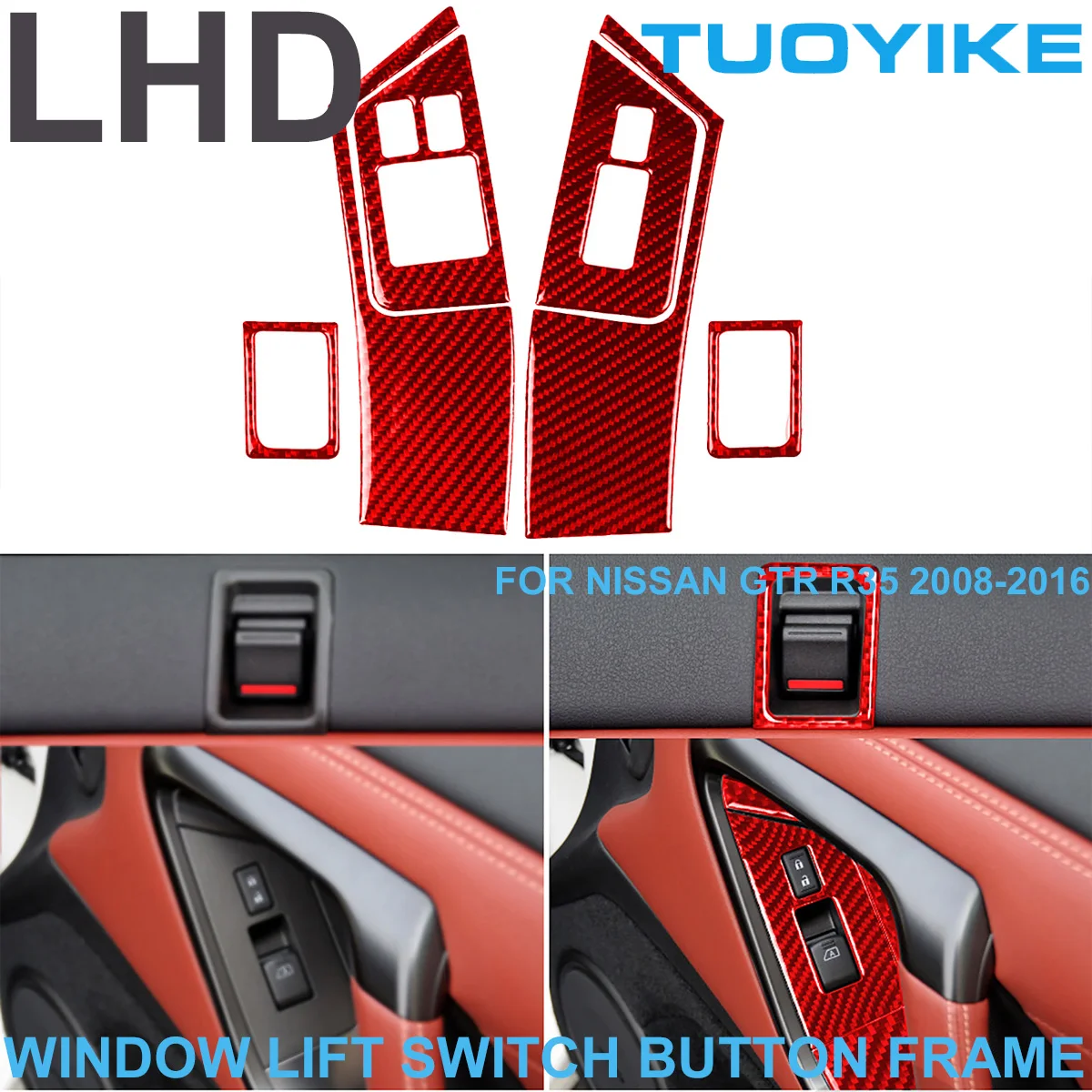 LHD RHD Car Styling fibra di carbonio rossa finestra interna interruttore di sollevamento pulsante telaio copertura Kit pannello di rivestimento per Nissan GTR R35 2008-2016
