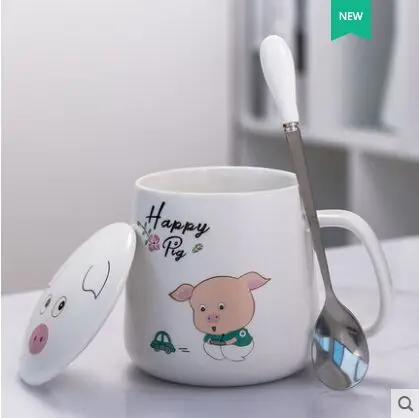 350ML cute pig ceramic mugs breakfast milk cup with lid spoon gift coffee mug handle creative cups | Дом и сад
