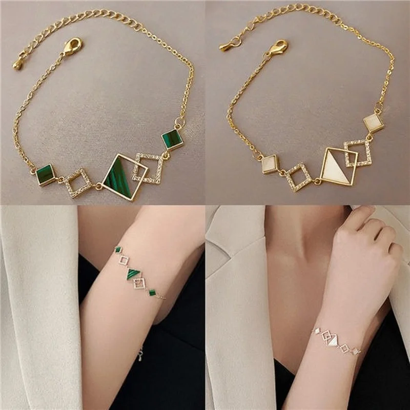 

U-Magical Temperament Hollow Square Green White Red Geometric Enamel Bracelets for Women CZ Zircon Heart Metal Bracelets Jewelry
