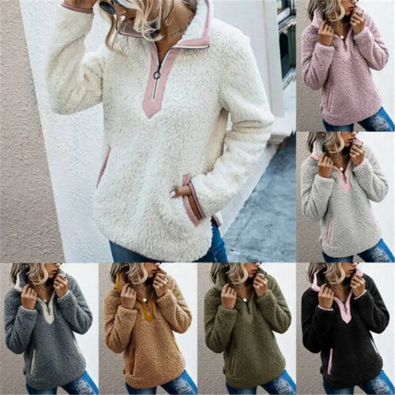 

Флисовое пальто с искусственным воротником, Женский Теплый джемпер, Зимний пуловер, пушистый мех