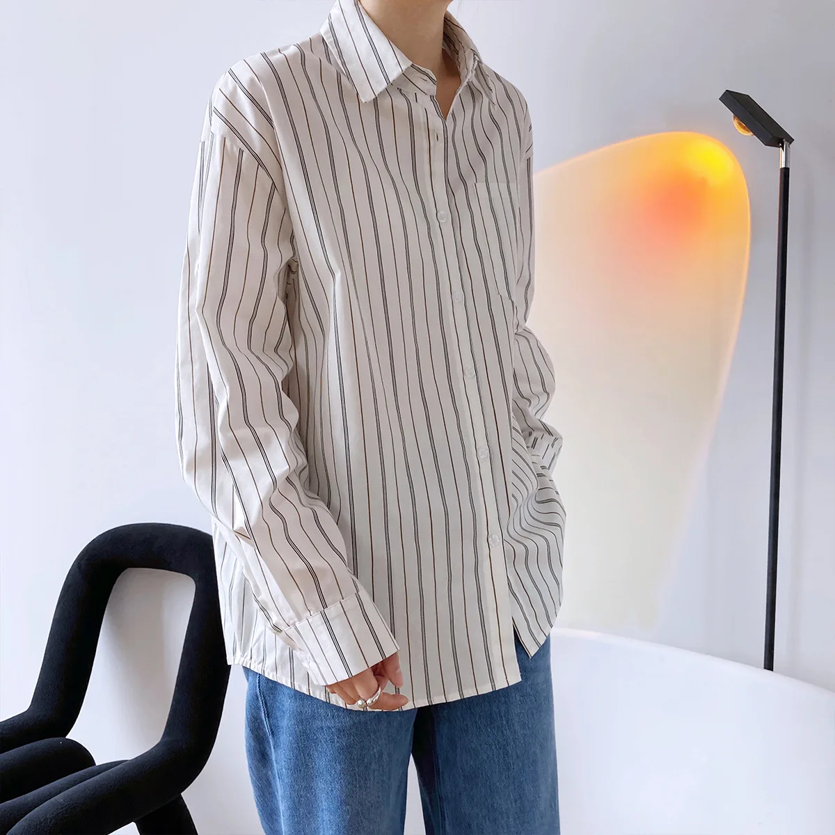 

TVVOVVIN Lapel Stripe Casual Female Shirt Women's Spring Loose Long Sleeve Simple All-match Mid-length Cardigan MOEV