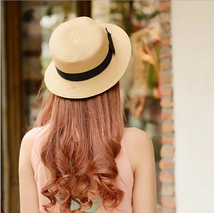 

Women's Boater Beach Hat New Summer Wide side Female Casual Panama Hat Lady Classic Cute Flat Bowknot Straw Sun Hat Women