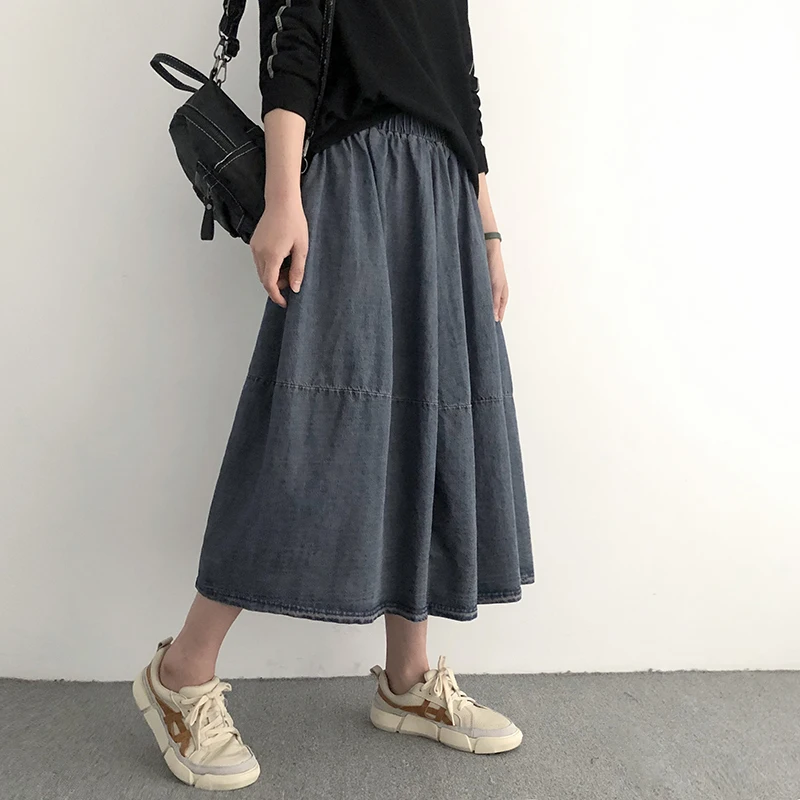 

Женские миди юбки джинсовые штаны на лето и весну однотонные Цвет женские длинные брюки для девочек эластичный пояс в Корейском стиле; Женс...