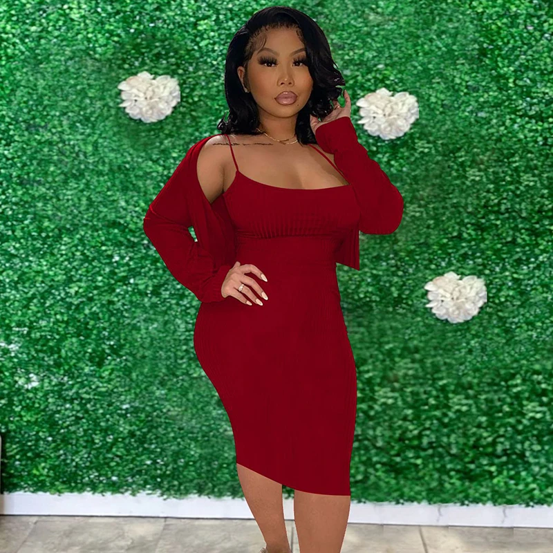 

Женская одежда в рубчик, однотонный Кардиган с длинным рукавом + облегающее платье миди на бретелях-спагетти, комплект из двух предметов, осень 2021, повседневная мода