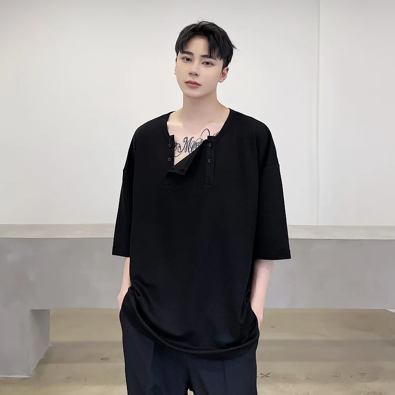 

Summer Minimalist Style Double Breasted Personality Versatile Loose Drop Shoulder Short Sleeve T-shirt Trendy Men's Top T Shirts