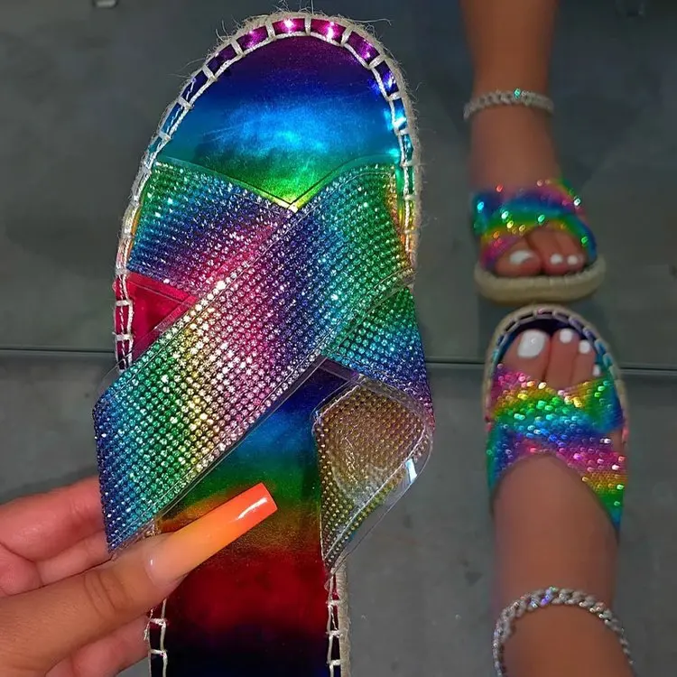 

Summer Women Sliders Sexy Casual Rhinestone Non-Slip Flat Ladies Slippers Outdoor Cool Casual Females Slipper Beach Sandals 2021