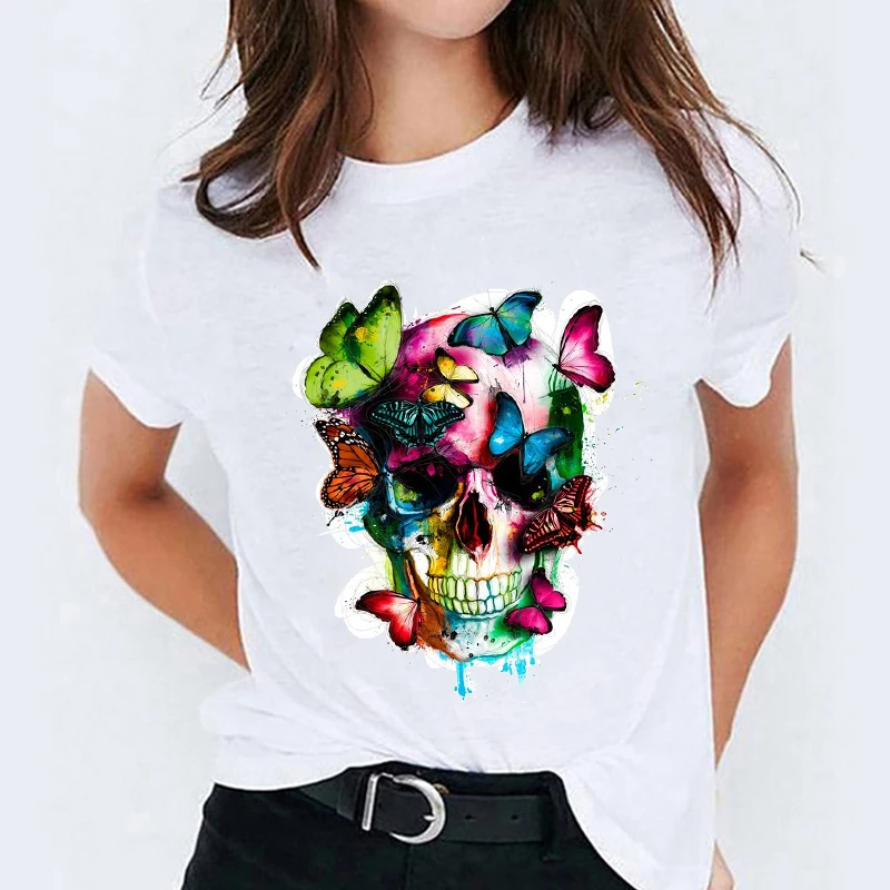 

2021 Ladies Female Tee Top Womens Graphic T-Shirt T Shirt for Women 90s Cute Floral Plant Skull Face Print Lady T-shirts